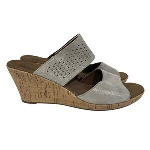 RockPort Briah 2-band Wedge Sandals Slip-On Gray Silver Leather Womens Size 8
